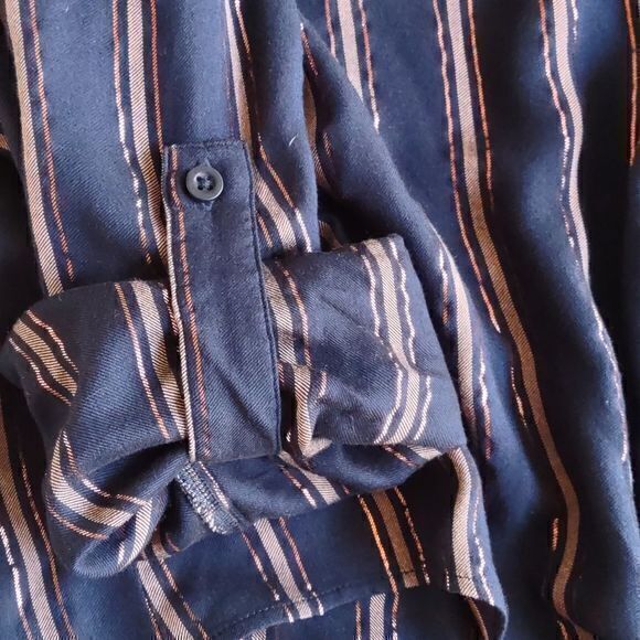 Bella Dahl Shimmer Stripe Tie Waist Open Collar Button Up Blouse Sz L - Picture 12 of 15
